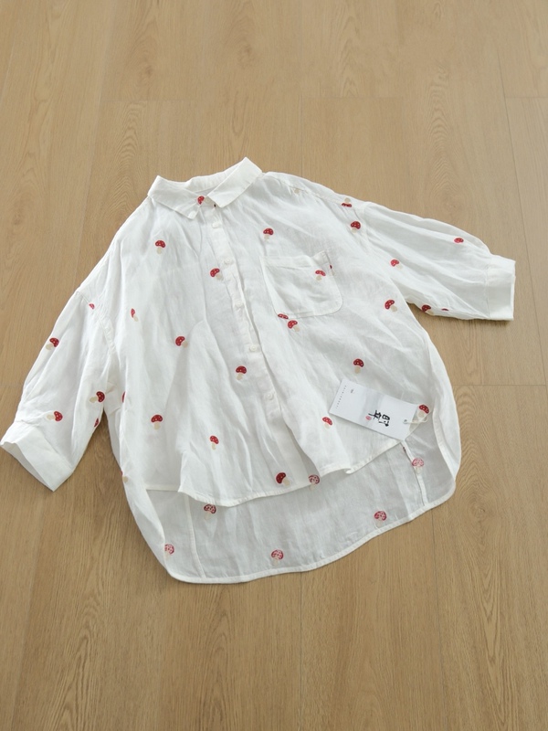 2026 New Original Authentic Korean Style Loose and Versatile Mushroom Embroidered Linen Shirt for Women