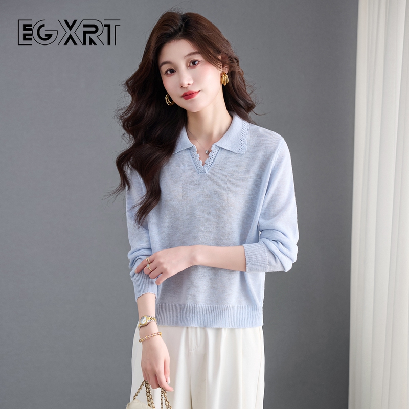 Polo Lapel Long-Sleeved Knitwear T-Shirt for Women 2026 Spring and Autum Loose Sweater Design with Inner Layering Top