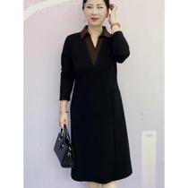 Autumn and winter skirt fashion contrasting color lapel long-sleeved dress female G middle-aged mothers wear loose large size warm long skirt