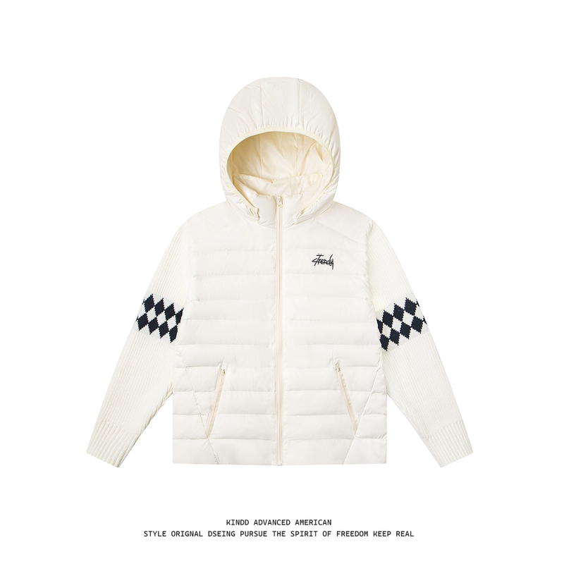 Kindd Retro Stand-Up Collar Knitted Patchwork Lightweight 50 White Duck down Ribbed down Jacket Winter Warm Coat Kindd Retro Stand-Up Collar Knitted Patchwork Lightweight 50 White Duck down Ribbed down Jacket Winter Warm Coat