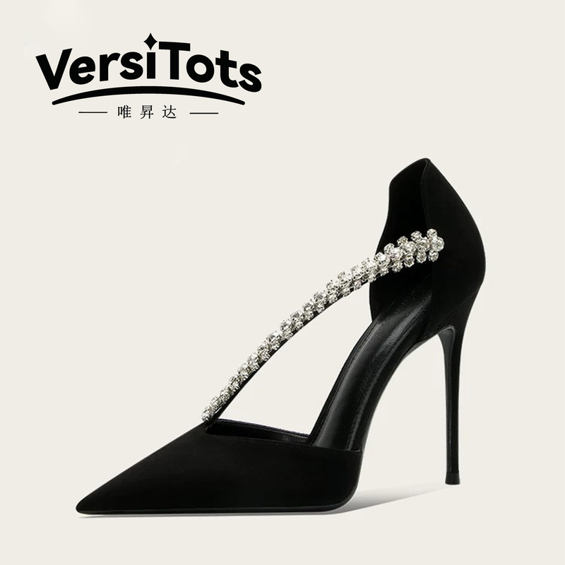 Olome French-Style Hepburn-Inspired Black Hollow Pointed-Toe Crystal-Embellished Ankle Chain High-Heeled Shallow-Mouth Party Shoes