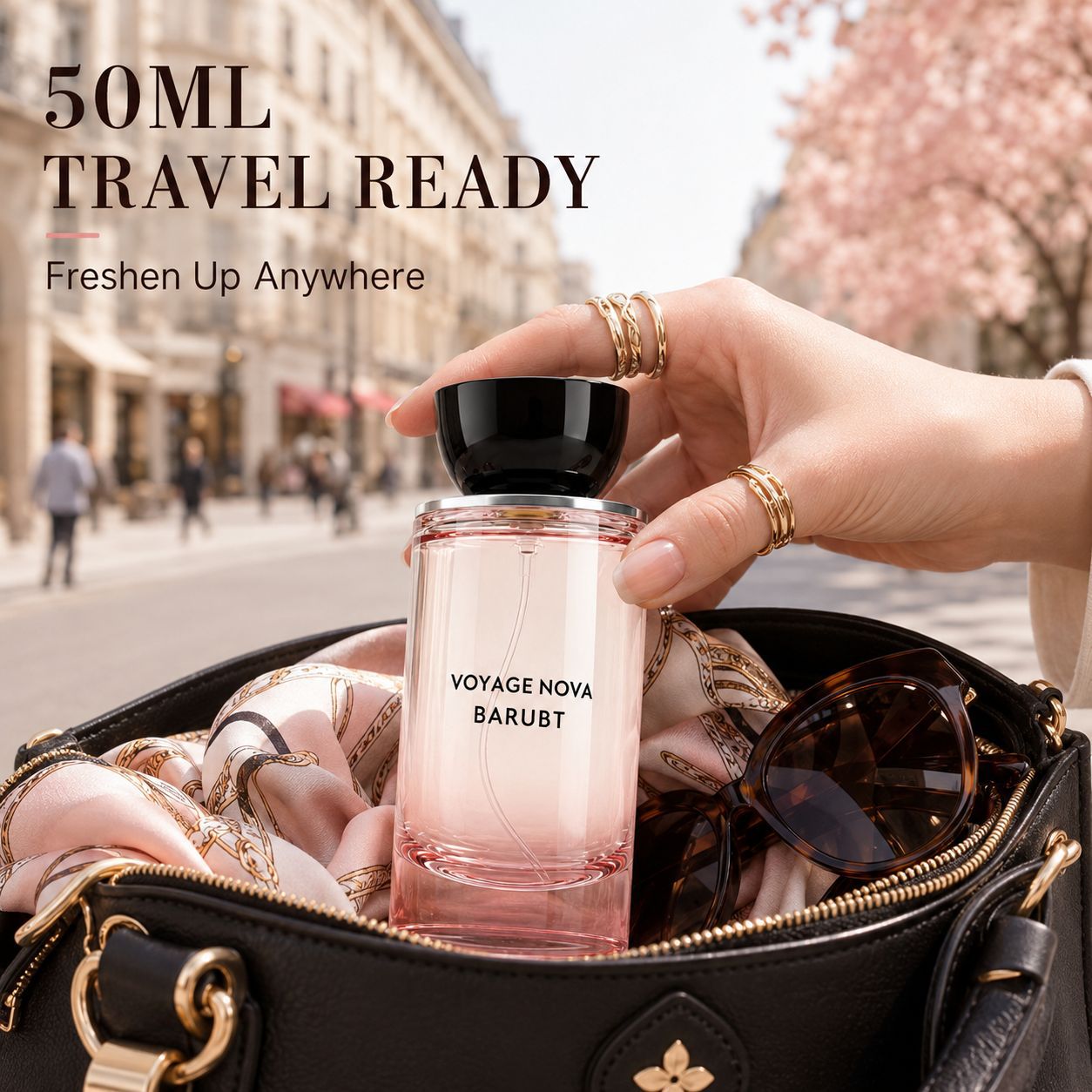 50ml travel ready bottle tucked into a stylish women leather handbag