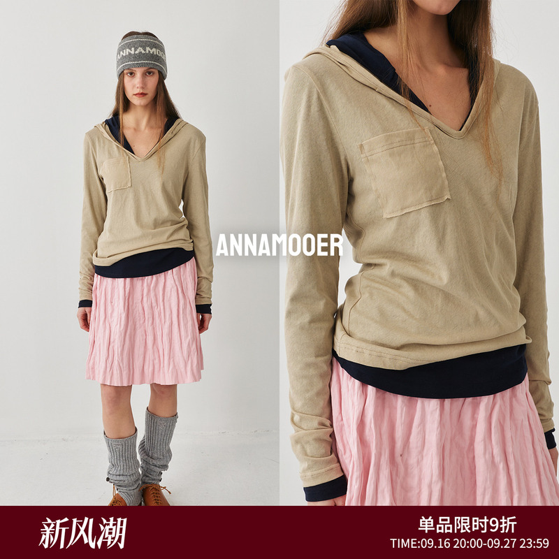 Annamooer Hooded V-Neck Long-Sleeved Base T-Shirt White/Khaki/Coffee/Navy Blue/Burgundy