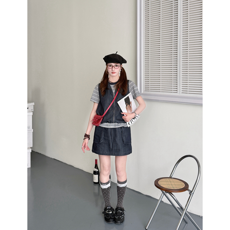 Xianzai【I Love Denim】Summer New Striped Patchwork Denim Short-Sleeve Short Skirt Two-Piece Set X0072