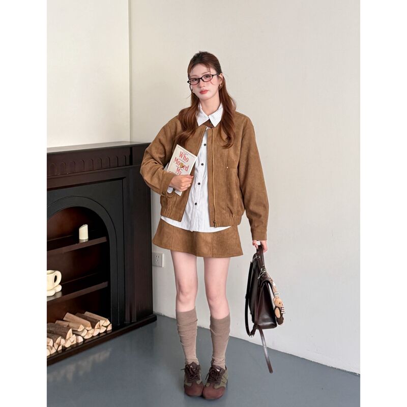 Xianzai【Brown Field Reunion】Autumn New Melard Jacket and Short Skirt Two-Piece Set X0199 Xianzai【Brown Field Reunion】Autumn New Melard Jacket and Short Skirt Two-Piece Set X0199