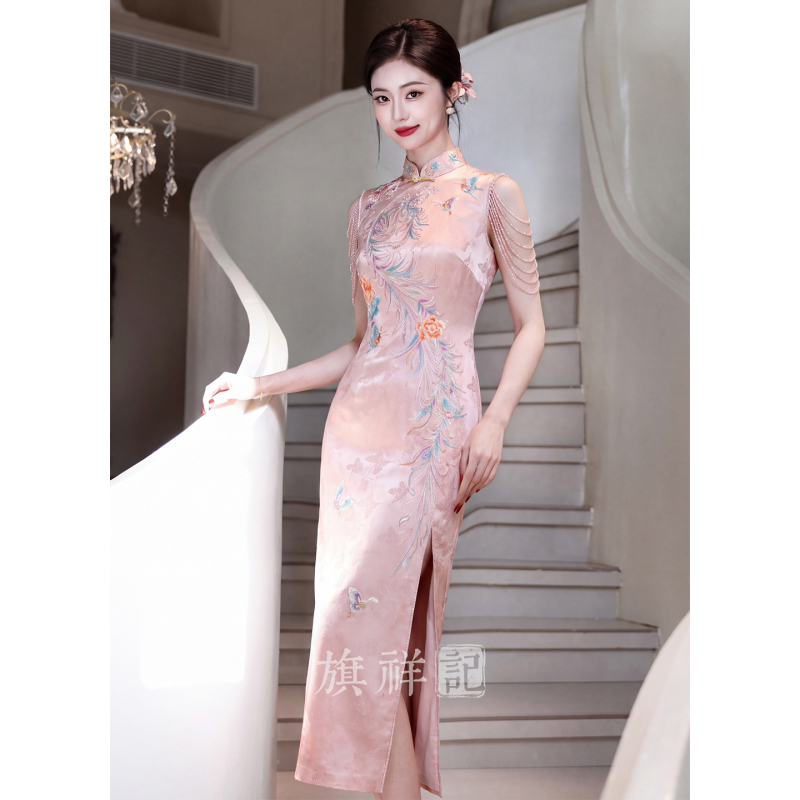 Qixiangji New Chinese Style Pink Acetate Cheongsam Engagement Dress High-End Light Luxury Elegant Toasting Dress Bridal Morning Gown