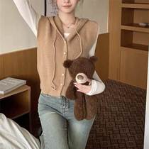 Knitted vest for women early autumn Korean style sleeveless vest short cardigan hooded jacket college style outer sweater vest