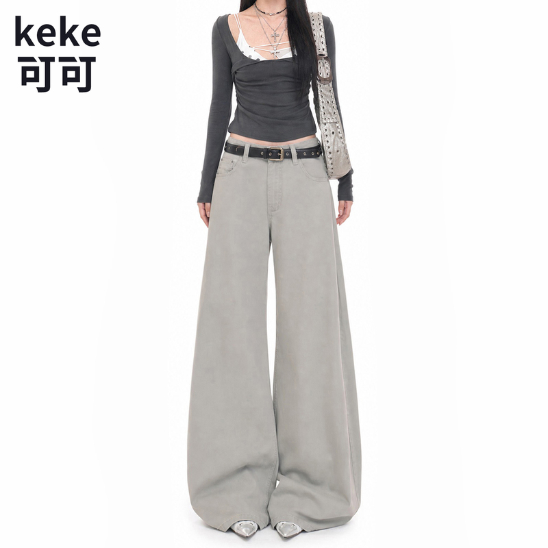 American Retro Gray Straight-Leg Jeans for Women, 2026 New High-Waisted, Drapey, Loose, Wide-Leg, Floor-Length Pants