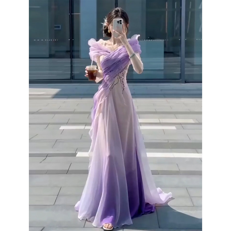 Purple Ethnic Vocal Solo Performance Dress 2026 New High-End Luxury Guzheng Performance Host Evening Gown Purple Ethnic Vocal Solo Performance Dress 2026 New High-End Luxury Guzheng Performance Host Evening Gown