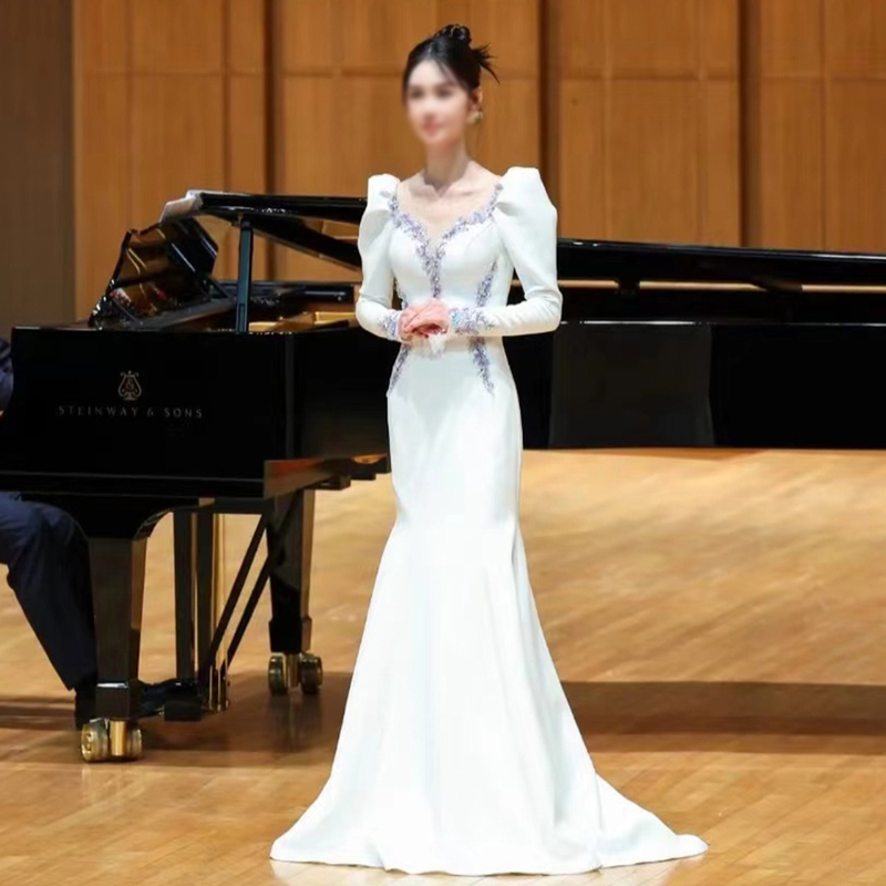 White Evening Dress, High-End and Elegant, Suitable for Hostess, Student, Art Exam, Ethnic Vocal Performance, Fishtail Dress, Guzheng Performance Costume