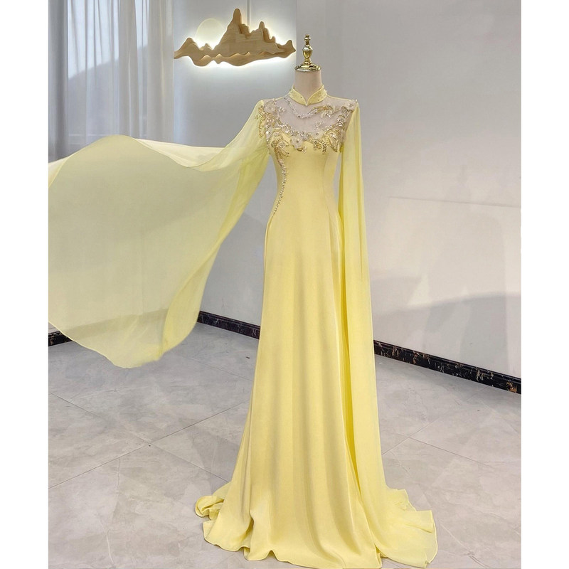 Yellow New Chinese-Style Host Evening Dress, Dignified and Elegant, Suitable for Guzheng Performance, Ethnic Vocal Music, Art Exam, and Solo Performance