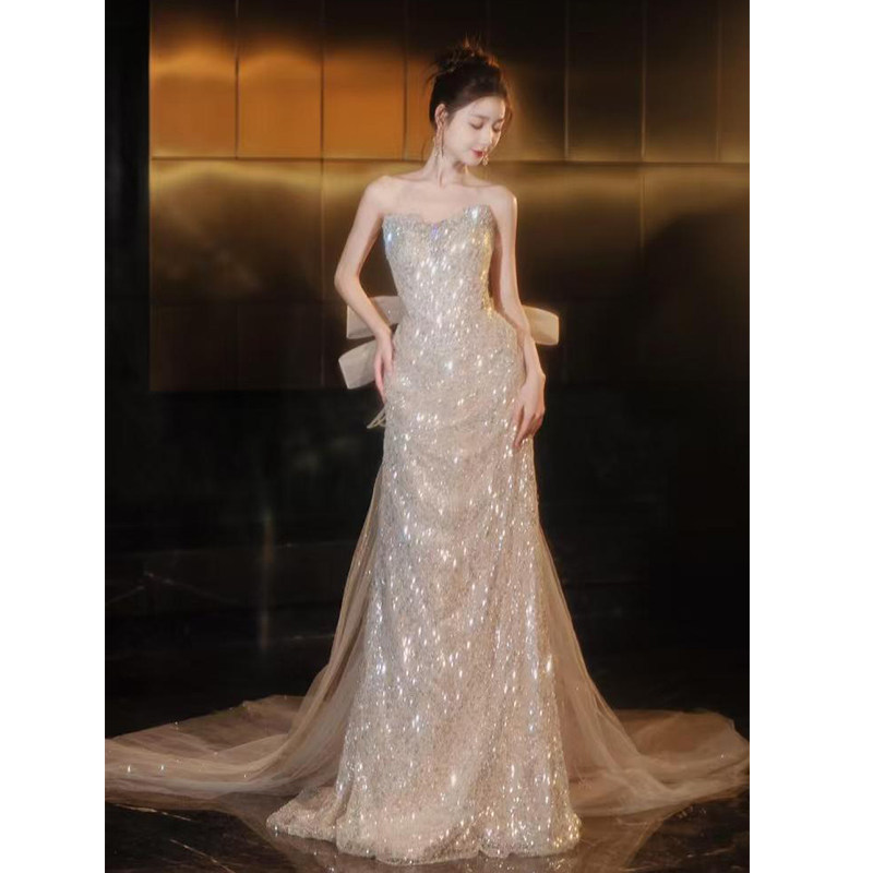 Champagne-Colored Strapless Host Evening Dress 2026 New High-End Light Luxury Fishtail Sequin Bridal Engagement Dress Champagne-Colored Strapless Host Evening Dress 2026 New High-End Light Luxury Fishtail Sequin Bridal Engagement Dress