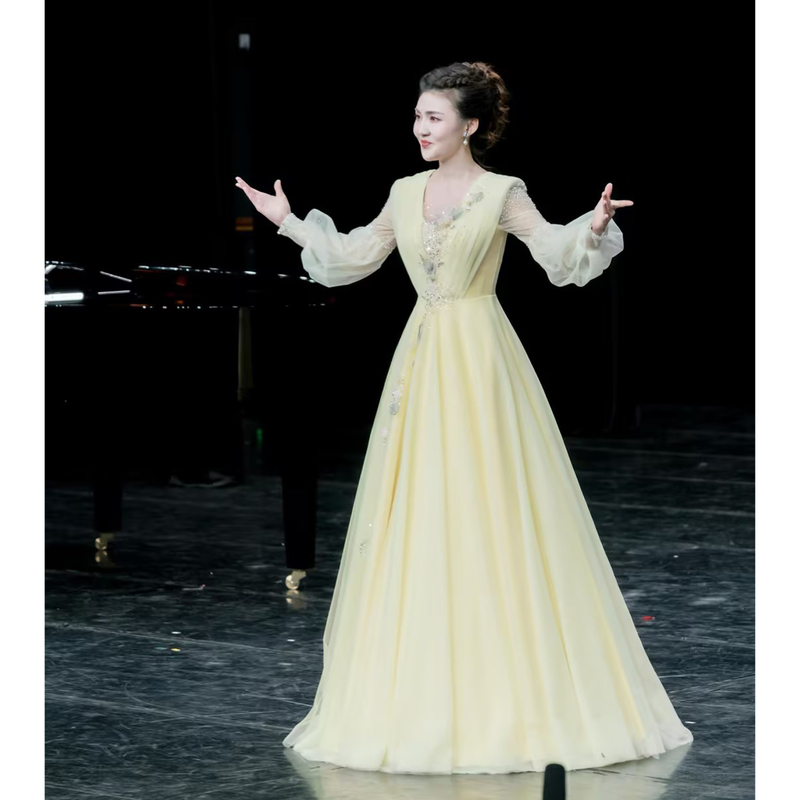 Yellow Host Evening Dress 2026 New Model Dignified and Elegant Folk Song Solo Ethnic Vocal Art Exam Performance Dress for Women Yellow Host Evening Dress 2026 New Model Dignified and Elegant Folk Song Solo Ethnic Vocal Art Exam Performance Dress for Women