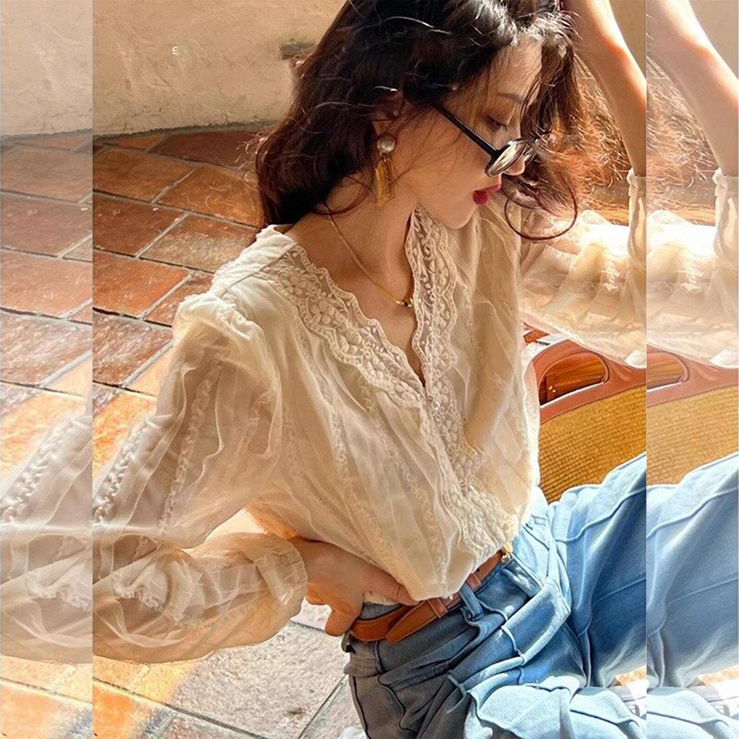 Французская кружевная рубашка с v-образным вырезом, женская весенне-осенняя рубашка с небольшим внутренним вырезом, дизайнерский шифоновый топ с длинными рукавами