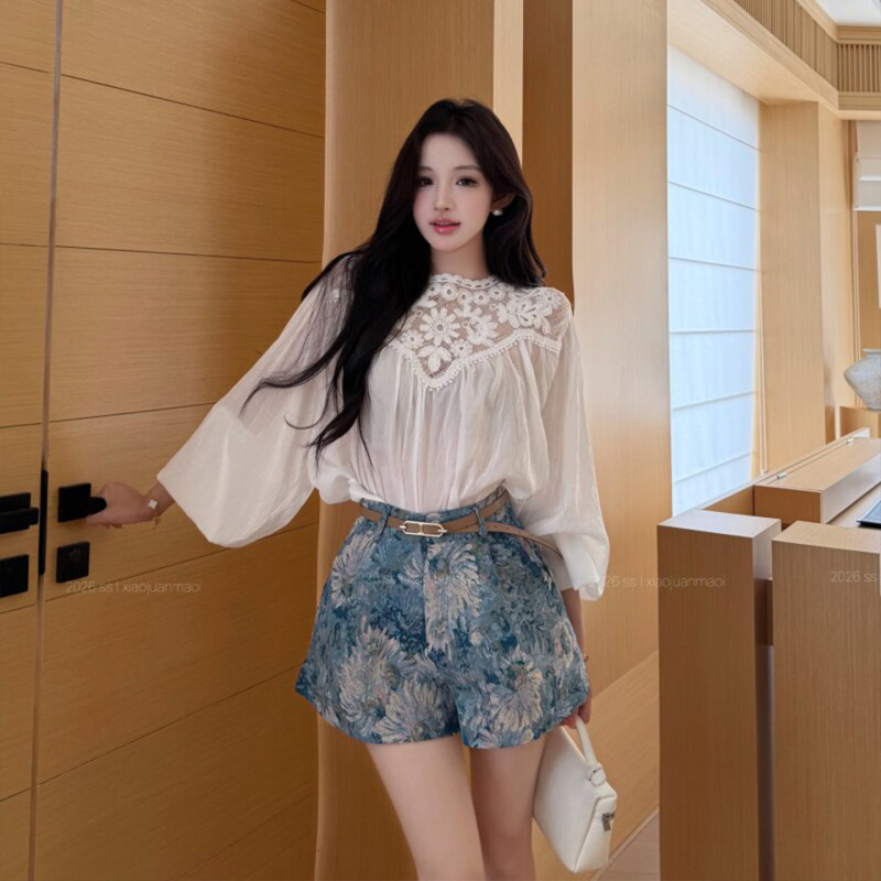 French-Style Hollow Lace Patchwork Long-Sleeve Shirt for Women, Summer Thin Design, Loose Lantern Sleeve Top for Petite Figures