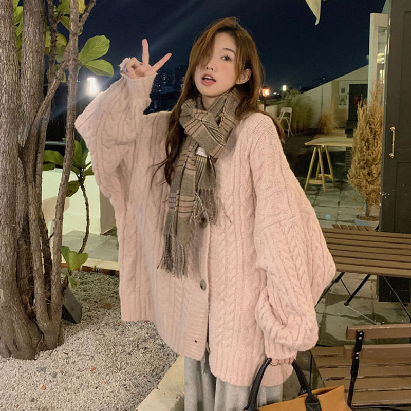 Pink Thick Sweater Cardigan for Women, Autumn and Winter, Petite, Loose, Lazy Style, Mid-Length, Soft Knit Top