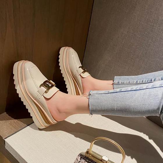 真皮包头半拖鞋女2025年新款外穿坡跟懒人鞋无后跟单鞋厚底松糕鞋