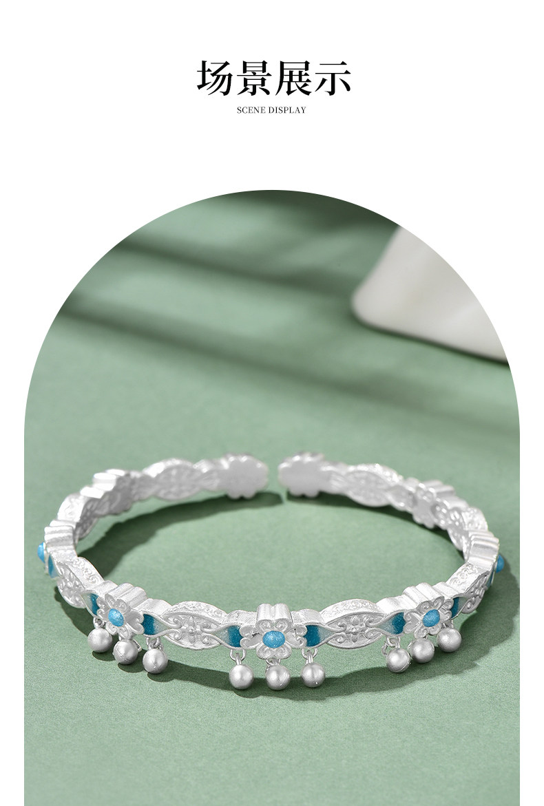 银饰手镯 中国黄金珐琅蓝楹花手镯银手镯银镯子足银999手镯送女友七夕礼物 China Gold