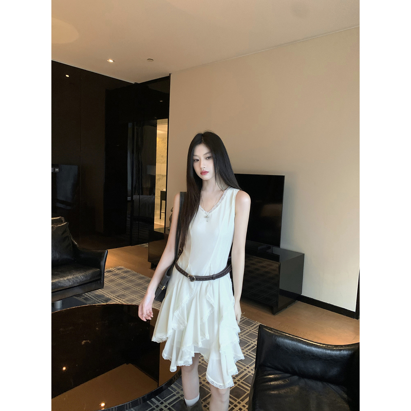 Joeyoo New Design Lace Splicing Asymmetrical Chiffon Dress Women's Autumn Mid-Length Sleeveless Waist-Cinching Dress Joeyoo New Design Lace Splicing Asymmetrical Chiffon Dress Women's Autumn Mid-Length Sleeveless Waist-Cinching Dress