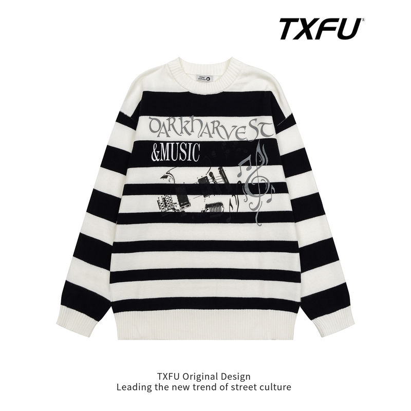 Txfu American Retro Knitted Striped Musical Note Print Sweater Unisex Versatile Loose Couple Top Txfu American Retro Knitted Striped Musical Note Print Sweater Unisex Versatile Loose Couple Top