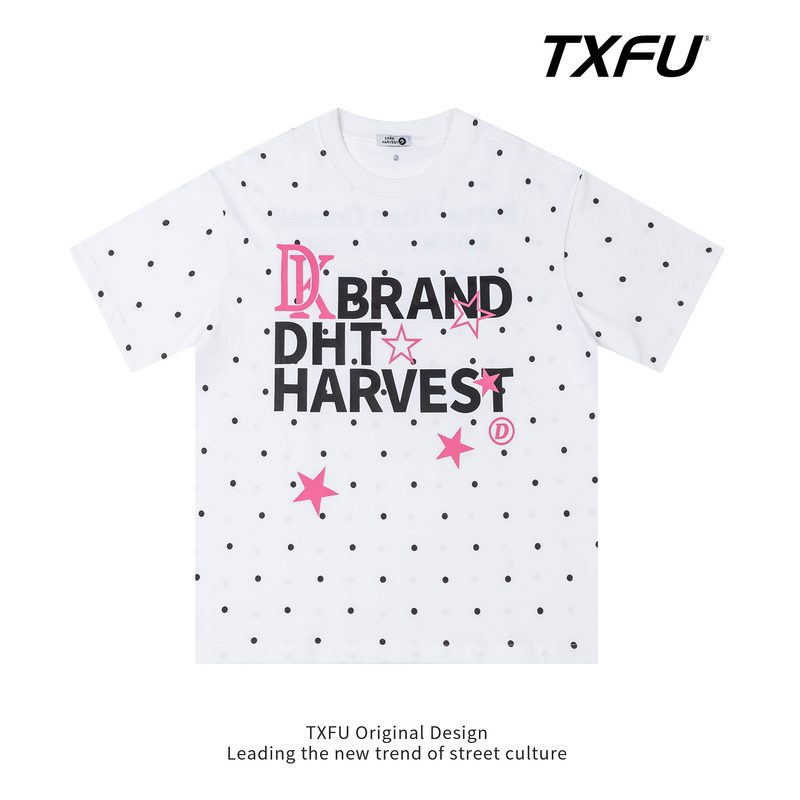 Txfu Retro American-Style Polka Dot Star Letter Short-Sleeved Summer Casual Printed Tops for Men and Women Couples