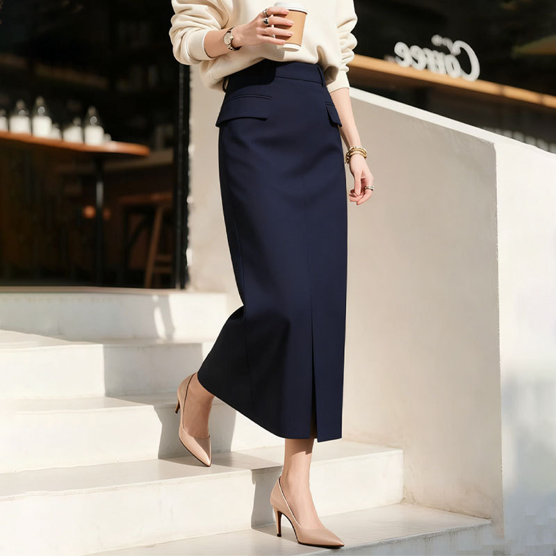 Blue Elegant and Capable Long Skirt with Front Slit Design for Women, 2026 Summer New High-End, Elegant and Light Luxury Style Half Skirt Blue Elegant and Capable Long Skirt with Front Slit Design for Women, 2026 Summer New High-End, Elegant and Light Luxury Style Half Skirt