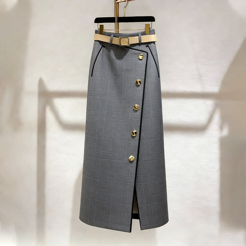 Gray Plaid Elegant Skirt for Women 2026 Summer New Style, Stylish and Sophisticated with Irregular Slit Design Long Skirt