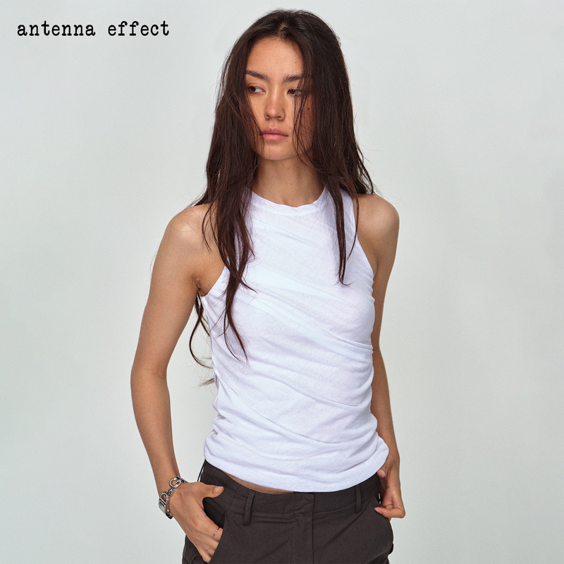Antenna Effect American Retro Pleated Design Sleeveless Round Neck Vest with Drapey Feel Pure Cotton Top t