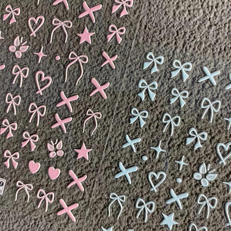 Internet Celebrity Simple and Versatile Bow Nail Stickers with Embossed Four-Pointed Star and Small Heart, Waterproof Nail Decoration Stickers