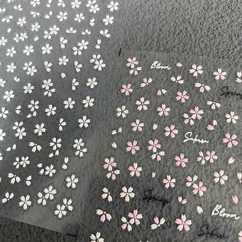 Japanese Style Spring Romantic Cherry Blossom Nail Art Stickers Embossed Pink and White Cute Five-Petal Flower Girl Sweet Nail Stickers Decoration