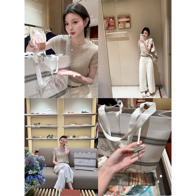Fleme's "Gray and White Rhythms" Simple and Elegant Hollow-Out Colored Yarn Breathable Versatile Knit Top