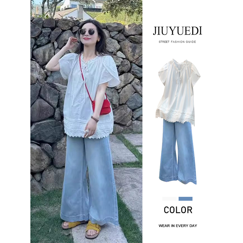 Jiuyuedi Late September French Sweet Style Loose Hollow Lace Trim White Shirt Top Versatile with Jeans Jiuyuedi Late September French Sweet Style Loose Hollow Lace Trim White Shirt Top Versatile with Jeans