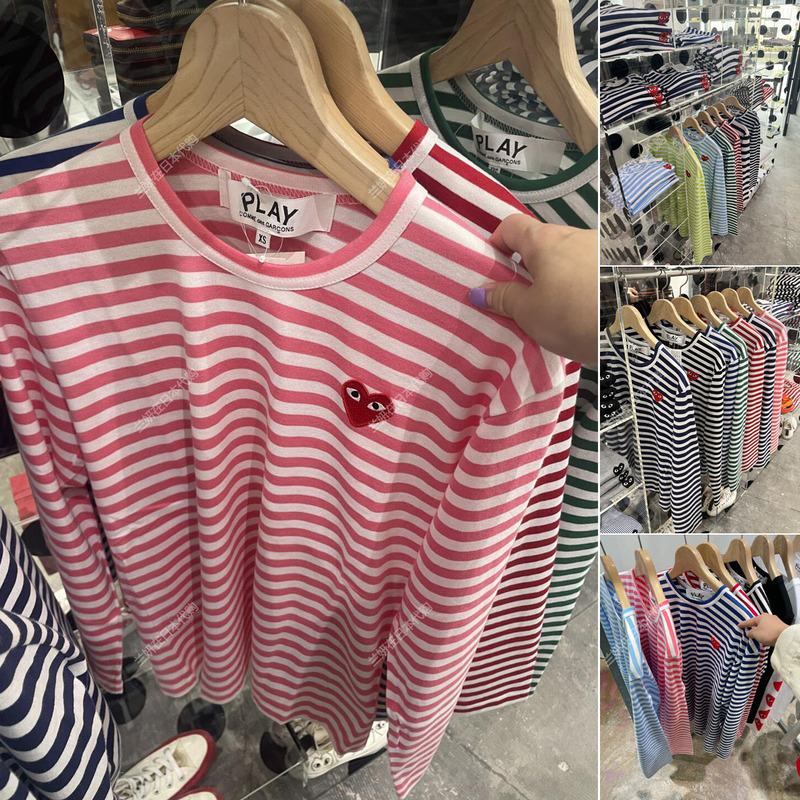Authentic Cdg Rei Kawakubo Play Black and Pink Striped Red Heart Crew Neck Classic Long-Sleeve T-Shirt for Couples, Unisex Authentic Cdg Rei Kawakubo Play Black and Pink Striped Red Heart Crew Neck Classic Long-Sleeve T-Shirt for Couples, Unisex