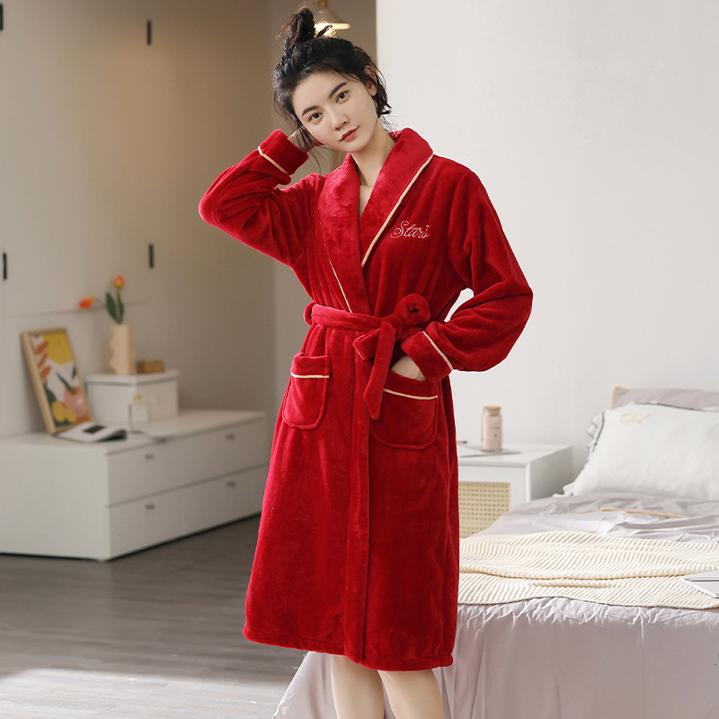 Pajamas for Women, Autumn and Winter 2026 New Style, Coral Velvet, Fleece-Lined, Thickened Flannel Bathrobe, Mid-Length Winter Nightgown