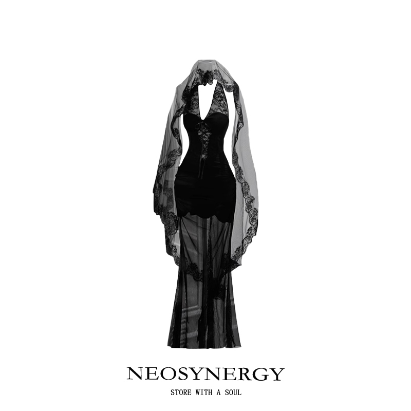 Neosynergy Halloween Black Bridal Lace V Neck Dress 2026 Women's Spring Waist-Hugging Hip-Hugging Fishtail Skirt