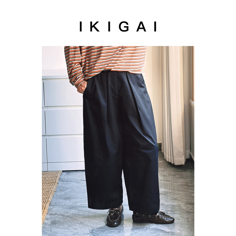 Ikigai Combed Cotton Pleated Front Loose Fit Elastic Waist Curved Balloon Pants with Large Pockets Casual Commuting Trousers Ikigai Combed Cotton Pleated Front Loose Fit Elastic Waist Curved Balloon Pants with Large Pockets Casual Commuting Trousers