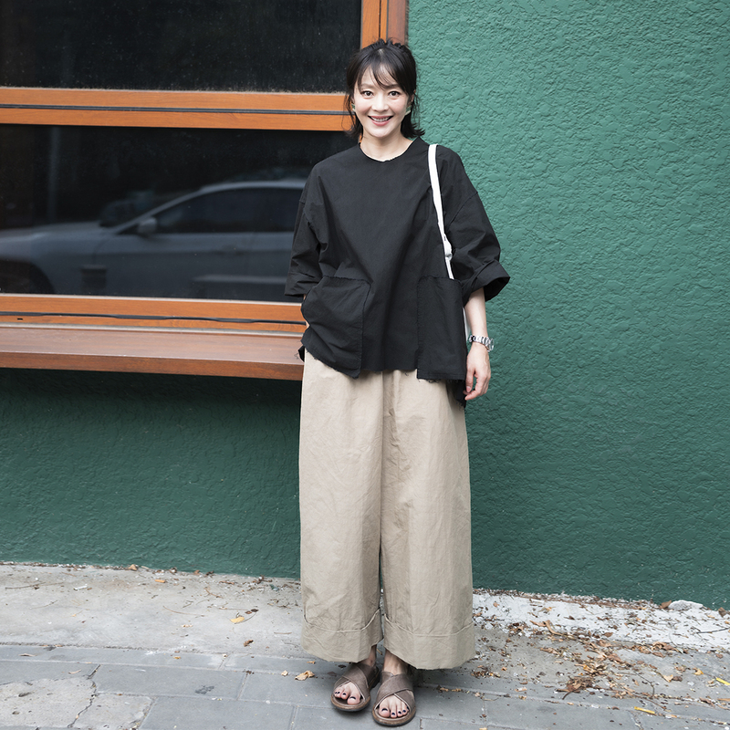Ikigai Casual Japanese Style Literary Style Semi-Elastic Waist Cotton and Linen Blended Wide-Leg Pants