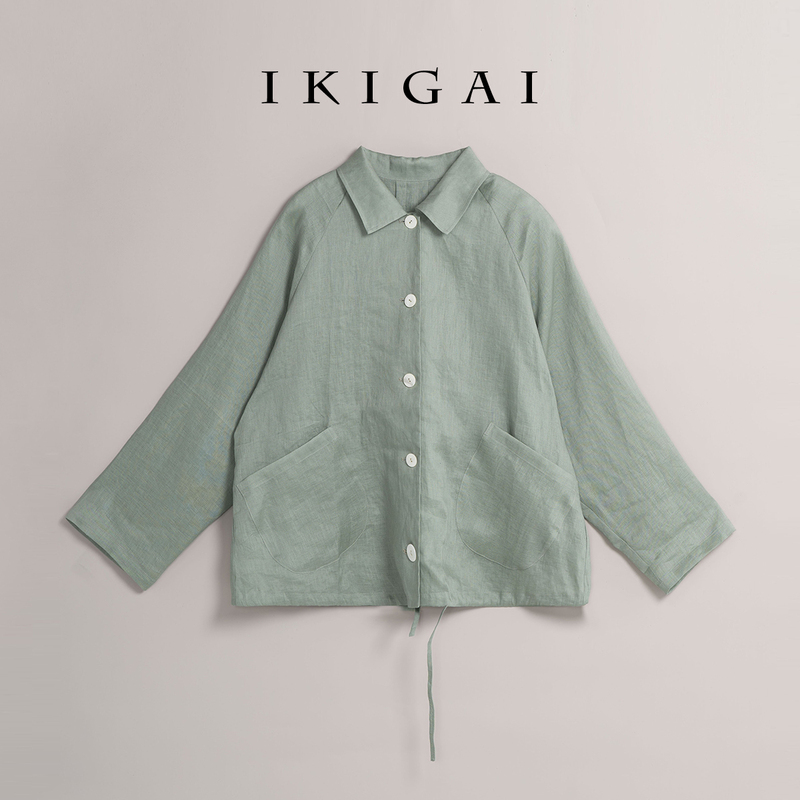 Ikigai Japanese Imported Linen Shirt for Women, Spring and Summer New Style, Turn-Down Collar, Drawstring, Long-Sleeved Jacket Top