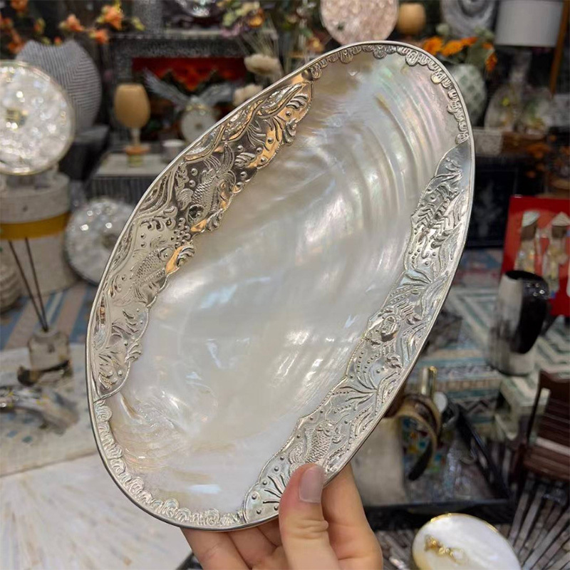 Vietnamese Natural Large Shell Tray for Snacks, Fruit Tray, Coffee Table Decoration, Display Tray, Inlaid Large Clam Shell Jewelry Tray