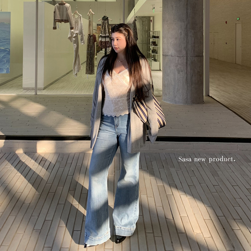 Li Sasa High-Waisted Slightly Flared Stretchy Two-Tone Jeans for Women, Spring and Summer, Plus Size, Flattering for Slightly Plump Figures, Long Pants