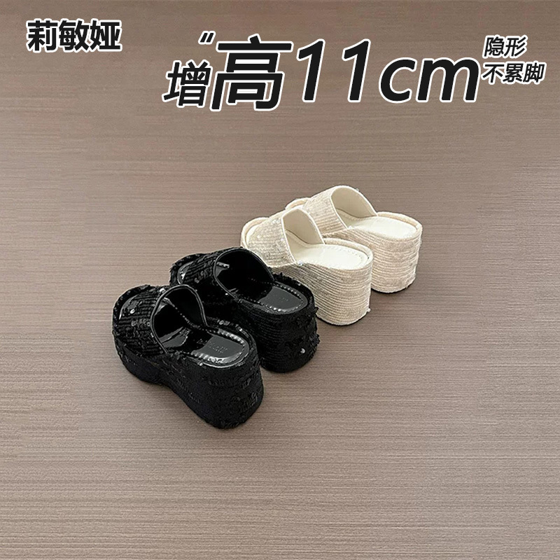 11cm Genuine Leather Height-Increasing Fashion Sequin Sandals for Women, 2026 Summer Thick-Soled Outdoor Slip-On Slippers 11cm Genuine Leather Height-Increasing Fashion Sequin Sandals for Women, 2026 Summer Thick-Soled Outdoor Slip-On Slippers