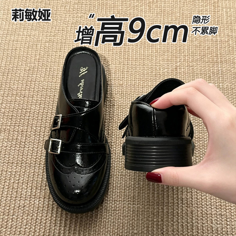 Women's 2026 New Style Black Brogue Thick High Heels with 9cm Internal Height Increase, Genuine Leather Thick-Soled Comfortable Sandals