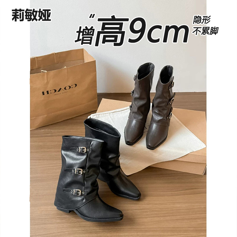 9cm Height-Increasing Square-Toe Genuine Leather Mid-Calf Boots for Women, Early Autumn New Style, Height-Enhancing, with Belt Buckle, Ruched Riding Boots 9cm Height-Increasing Square-Toe Genuine Leather Mid-Calf Boots for Women, Early Autumn New Style, Height-Enhancing, with Belt Buckle, Ruched Riding Boots