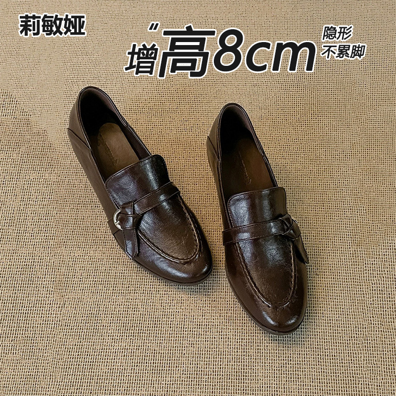 Women's 8cm Hidden Heel Genuine Leather Loafers 2026 Spring and Autumn British Retro Slip-On Commuter Leather Shoes