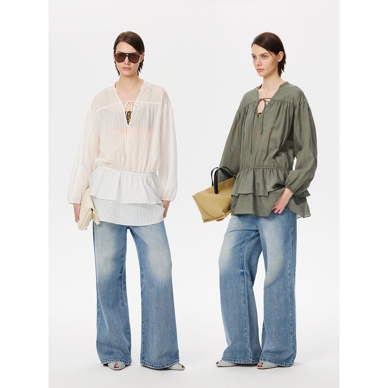 Unvvork Smocked Design Shirt-Style Long-Sleeved Dress