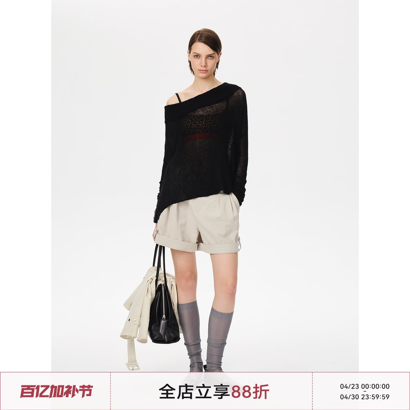 Unvvork Off-The-Shoulder Pullover Versatile Simple Hollow-Out Lazy Knit Sweater