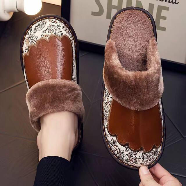 Haining Genuine Leather Home Indoor Leather Slippers, Winter Warm Non-Slip Slippers for Men and Women, Couple's Plush Bedroom Cotton Slippers