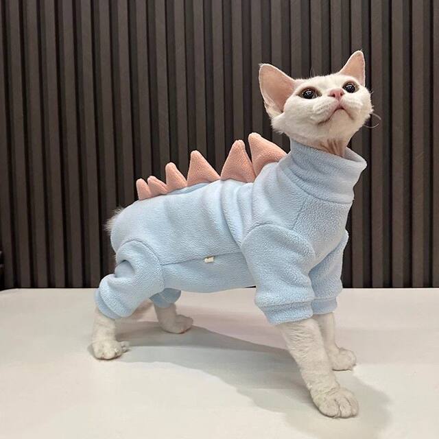 Pet Four-Legged Clothing with Fleece Lining to Protect the Belly, Small Dinosaur-Style Clothes for Hairless Cats, Sphynx Cat Clothes, Devon Cat Clothes