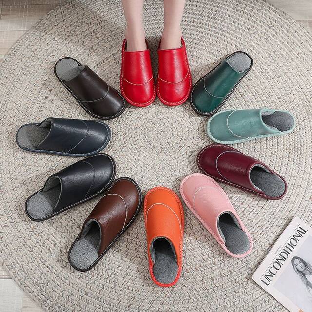 Haining Genuine Leather Home Cotton Slippers, Winter Slippers for Women and Couples, Thick-Soled Indoor Non-Slip Cowhide Slippers for Men