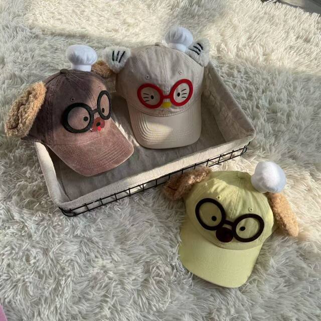 Parent-Child Cute Cartoon Puppy Glasses Baseball Cap for Women, Spring and Summer Sweet Kitten Niche Quirky Duckbill Sun Protection Hat